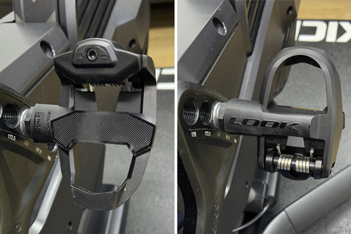 Zwiftスマートバイクにお客様が持参された専用ペダルに交換。お客様は早朝セルフプランのZwift+スマートバイクでZwiftバーチャルサイクリングレースを楽しまれました。