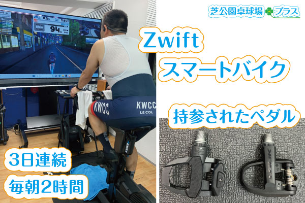 東京滞在中にZwift+スマートバイクを3日間連続で毎朝2時間ご利用。持参されたペダルへ交換されて+マイシューズ+Wahoo Kickr Bike/WFBIKE1+Wahoo KICKR HEADWIND+77型大型テレビ画面でZwiftバーチャルサイクリングのレースを存分に楽しまれました。