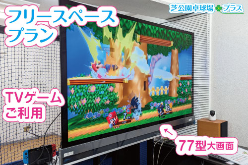 TVゲームをおもっきり楽しめます。フリースペースプランのTVゲーム利用を楽しんでいる2人の写真。
