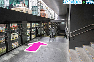 浜松町駅で卓球ができるスポーツ施設「芝公園卓球場プラス」への道案内画像1、貿易センタービル南館の通路の突当りのエスカレーターを1階へ降りる