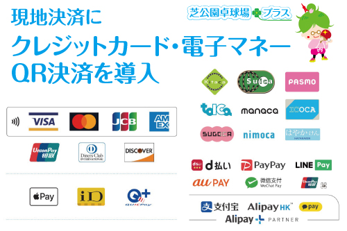 芝公園卓球プラス、トップページの店舗内での現地決済にクレジットカード、電子マネー、QR決済を導入したイメージ画像。現地決済方法に交通系電子マネーのSuica、PASMO、iD(NTTドコモ)、◎QUICPay、QUICPay+、◎Apple Pay、◎QR決済のAlipay、WeChat Pay、d払い、PayPay、LINE Pay、au PAYを導入